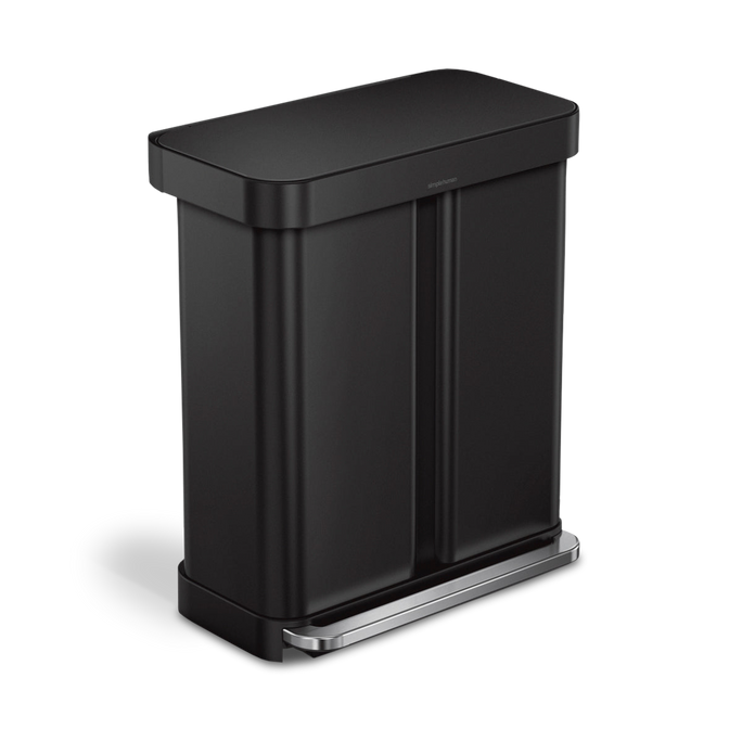 poubelle rectangulaire à pédale 58 litres, avec réserve à sacs, acier inoxydable noir